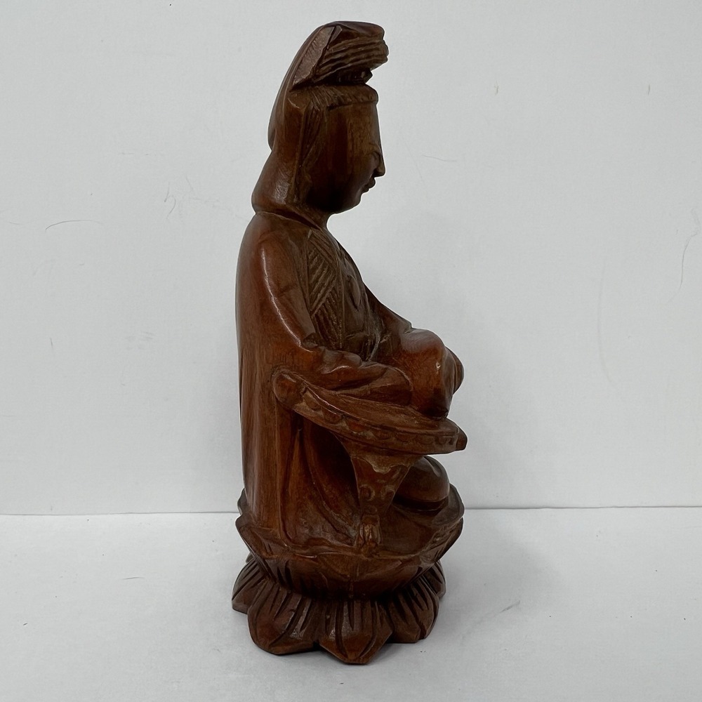 Hand Carved Wood Guanyin Bodhisattva Statuette Asian Royal Ease Pose Figure 4.8" - Picture 13 of 16